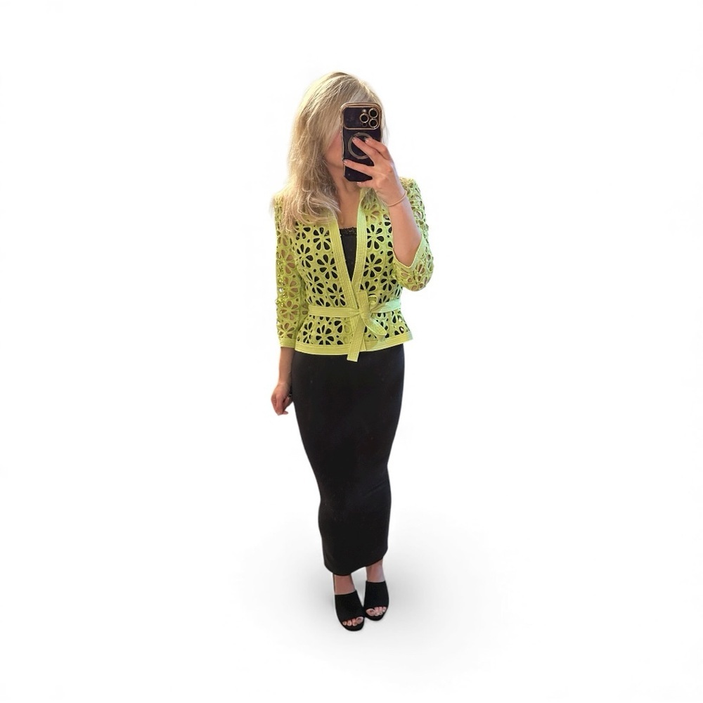 Vintage 90’s Y2K Era Carlisle Green Lace Floral Cut Out Tie Waist Blazer Small